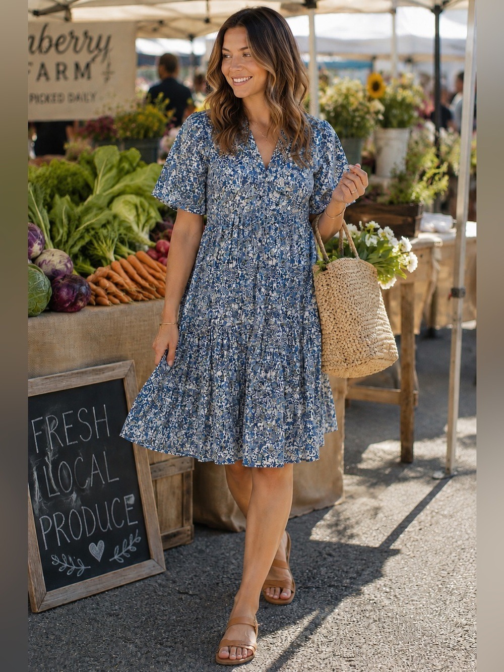 Indi & Cold Anthropologie Blue Floral Tiered Dress Large Pockets Boho